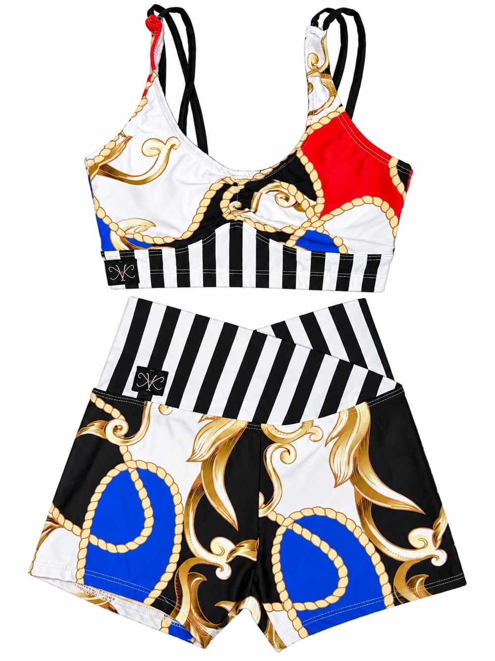 Kids Two-Piece Matching Set — Black, White, Blue & Red Chain Print